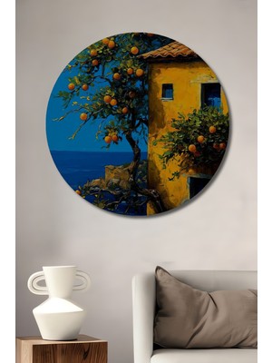 Teona Ahşap Portakal Ağacı Evi Sulu Boya Görünümlü Ahşap Dekoratif Tablo Yuvarlak Duvar Tablosu