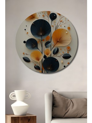Teona Ahşap Turuncu ve Lacivert Yaprak Desenli Modern Sanat Ahşap Dekoratif Tablo Yuvarlak Duvar Tablosu