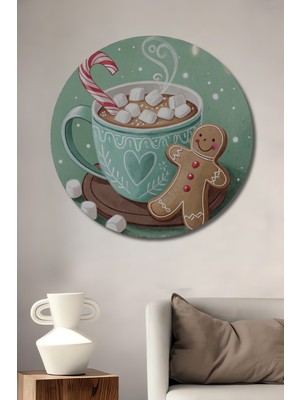 Teona Ahşap Yılbaşı Sıcak Çikolata ve Zencefilli Kurabiye Sulu Boya Görünümlü Ahşap Tablo Yuvarlak Duvar Tablosu