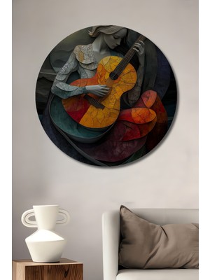 Teona Ahşap Melodinin Dansı Guitarist Kadın Yağlı Boya Görünümlü Soyut Sanat Ahşap Dekoratif Tablo Yuvarlak Duvar Tablosu