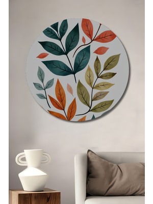 Teona Ahşap Sonbahar Yaprakları Sulu Boya Görünümlü Ahşap Tablo Yuvarlak Duvar Tablosu