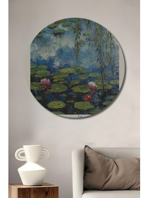 Teona Ahşap Claude Monet Nilüferleri Sulu Boya Görünümlü Ahşap Dekoratif Tablo Yuvarlak Duvar Tablosu