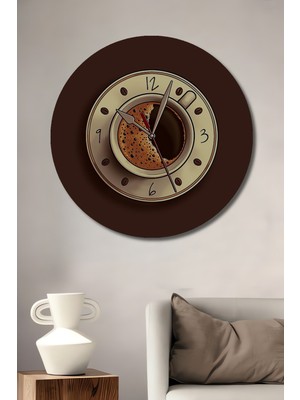 Teona Ahşap Kahve Saati Sulu Boya Görünümlü Ahşap Dekoratif Tablo Yuvarlak Duvar Tablosu