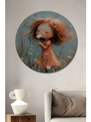 Teona Ahşap Pamuk Şeker Saçlı Kız Çiçek Kokluyor Sulu Boya Görünümlü Ahşap Dekoratif Tablo Yuvarlak Duvar Tablosu