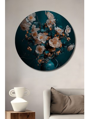 Teona Ahşap Büyülü Vazo Çiçekleri Sulu Boya Görünümlü Dekoratif Ahşap Tablo Yuvarlak Duvar Tablosu