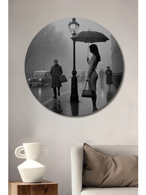 Teona Ahşap Sisli Londra Sokakları Siyah Beyaz Yağlı Boya Görünümlü Dekoratif Ahşap Tablo Yuvarlak Duvar Tablosu