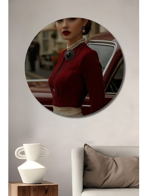 Teona Ahşap Retro Glamour Kadın Portresi Yağlı Boya Görünümlü Dekoratif Ahşap Tablo Yuvarlak Duvar Tablosu