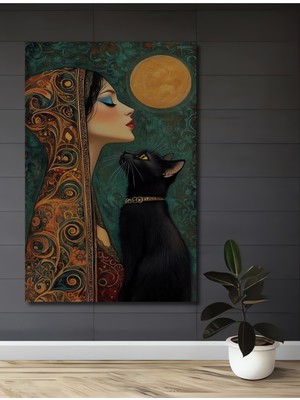 Teona Ahşap Gızemlı Kadın ve Kara Kedi Yağlı Boya Görünümlü Ahşap Dekoratif Ev,antre,salon,ofis,mutfak Tablo