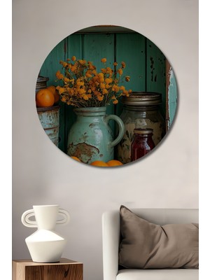 Teona Ahşap Rustik Portakallar ve Yürek Çiçekleri Yağlı Boya Görünümlü Ahşap Dekoratif Tablo Yuvarlak Duvar Tablosu