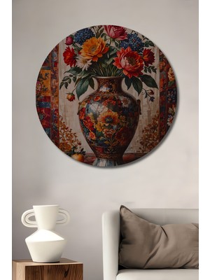 Teona Ahşap Görkemli Vazo Çiçek Buketi Yağlı Boya Görünümlü Ahşap Dekoratif Tablo Yuvarlak Duvar Tablosu