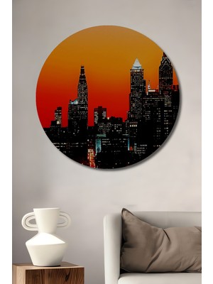 Teona Ahşap Modern Şehir Manzarası Yağlı Boya Görünümlü Ahşap Tablo Yuvarlak Duvar Tablosu