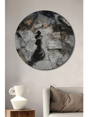 Teona Ahşap Satranç Kralı ve Tarihi Yazılar Sulu Boya Görünümlü Ahşap Dekoratif Tablo Yuvarlak Duvar Tablosu
