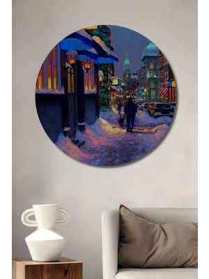 Teona Ahşap Kış Sokak Manzarası Yağlı Boya Görünümlü Ahşap Dekoratif Tablo Yuvarlak Duvar Tablosu