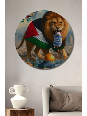 Teona Ahşap Devasa Filistin Aslanı Sanat Tablosu Yağlı Boya Görünümlü Dekoratif Ahşap Tablo Yuvarlak Duvar Tablosu