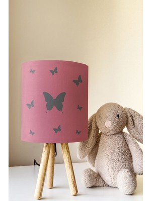 Talia Home Pembe Gri Kelebek Desenli Çocuk Odası Abajur Masa Lambası TLAB-155