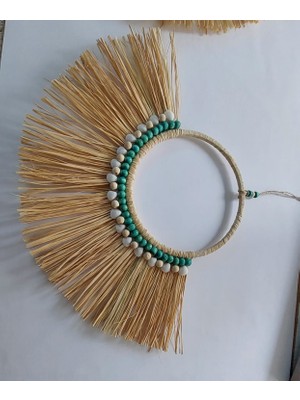 BH Bohem Handmade Bhbohemhandmade Doğal Rafya Turkuaz Boncuk ve Deniz Kabuklu Yelpaze