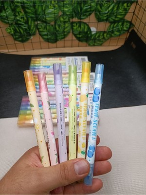 Meyra Accessories Meyve Desenli Renkli Çift Ince Kalın Başlıklı 6lı Fosforlu Keçeli Kalem Seti Okul Öncesi Hediyelik