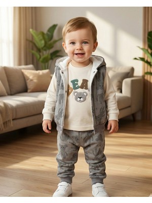 Asliva Fashion Asliva Bebek Krem Gri Ayıcık Işlemeli Kapüşonlu Yelek Sweatshirt Pantolon 3'lü Takım (6-18 Ay)