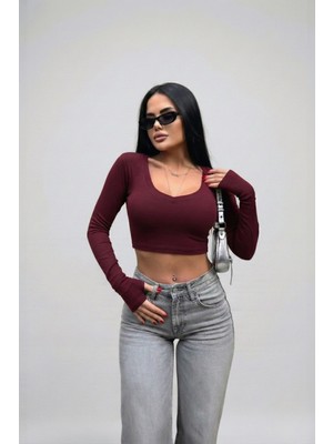 Windy Island Kadın Uzun Kollu V Yaka Parmak Geçirmeli Likralı Crop Top