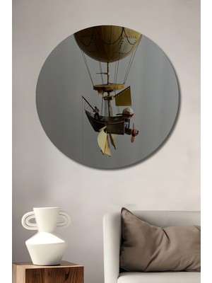 Teona Ahşap Steampunk Balon Balıkçı Teknesi Yağlı Boya Görünümlü Ahşap Dekoratif Tablo Yuvarlak Duvar Tablosu