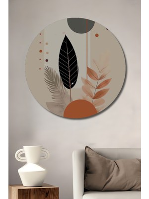 Teona Ahşap Doğal Yapraklar ve Geometrik Desenler Yağlı Boya Görünümlü Ahşap Tablo Yuvarlak Duvar Tablosu