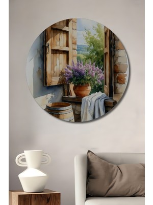 Teona Ahşap Köy Evi Penceresi Lavanta Buketi Sulu Boya Görünümlü Dekoratif Ahşap Tablo  Yuvarlak Duvar Tablosu