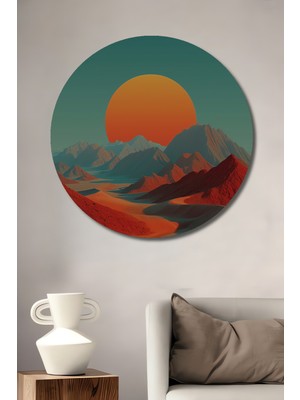 Teona Ahşap Muhteşem Gün Batımı Çöl Manzarası Yağlı Boya Görünümlü Ahşap Dekoratif Tablo Yuvarlak Duvar Tablosu