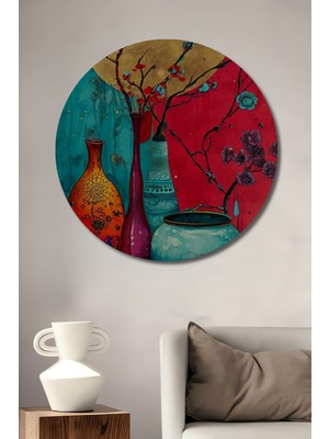 Teona Ahşap Bohem Vazo Çiçek Sanatı Sulu Boya Görünümlü Ahşap Dekoratif Tablo Yuvarlak Duvar Tablosu