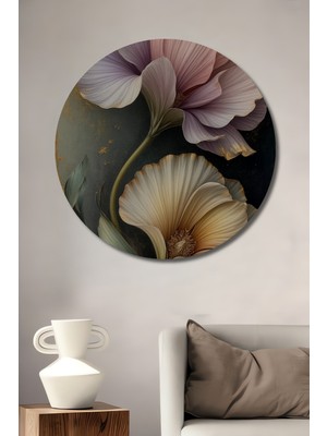 Teona Ahşap Altın Varaklı Pastel Çiçek Yağlı Boya Görünümlü Dekoratif Ahşap Tablo Yuvarlak Duvar Tablosu