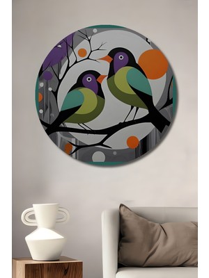 Teona Ahşap Sevimli Kuşlar Modern Sanat Görünümlü Ahşap Dekoratif Tablo Yuvarlak Duvar Tablosu