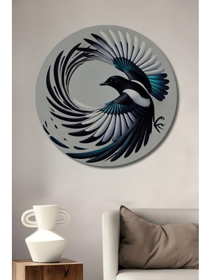 Teona Ahşap Kara Kalem Görünümlü Saksağan Sanat Ahşap Dekoratif Tablo Yuvarlak Duvar Tablosu