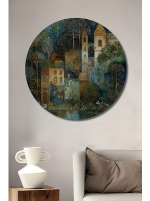 Teona Ahşap Masalsı Evler Orman Manzarası Sulu Boya Görünümlü Dekoratif Ahşap Tablo Yuvarlak Duvar Tablosu