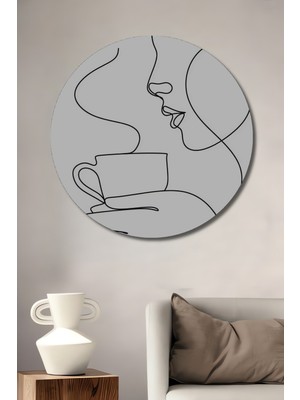 Teona Ahşap Tek Çizgi Kadın ve Kahve Bardağı Yağlı Boya Görünümlü Modern Sanat Ahşap Dekoratif Tablo  Yuvarlak Duvar Tablosu