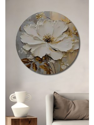 Teona Ahşap Büyük Beyaz ve Altın Çiçek Yağlı Boya Görünümlü Ahşap Dekoratif Tablo Yuvarlak Duvar Tablosu