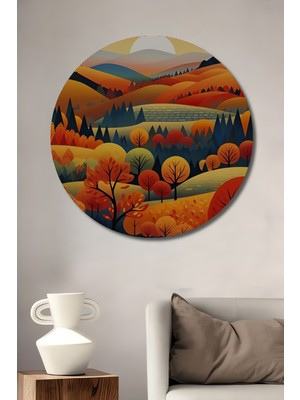 Teona Ahşap Sonbahar Manzarası Sulu Boya Görünümlü Dekoratif Ahşap Tablo Yuvarlak Duvar Tablosu