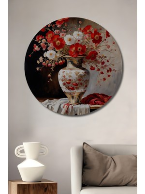 Teona Ahşap Yağlı Boya Görünümlü Kırmızı Beyaz Çiçek Buketi Vazo Dekoratif Ahşap Tablo Yuvarlak Duvar Tablosu
