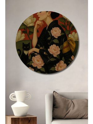 Teona Ahşap Japon Sanatı Yağlı Boya Görünümlü Kedi ve Çiçek Desenli Ahşap Dekoratif Tablo Yuvarlak Duvar Tablosu