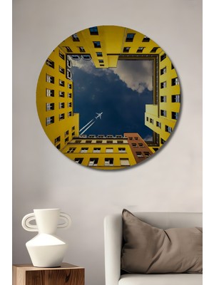 Teona Ahşap Görünüm Modernizm Sarı Bina Uçak Sanat Tablosu Ahşap Dekoratif Tablo Yuvarlak Duvar Tablosu