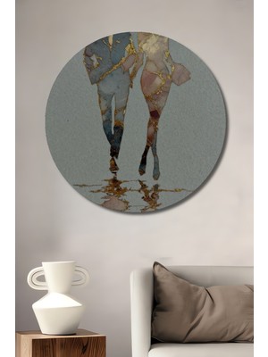 Teona Ahşap Romantik Çift Sulu Boya Görünümlü Ahşap Dekoratif Tablo Yuvarlak Duvar Tablosu