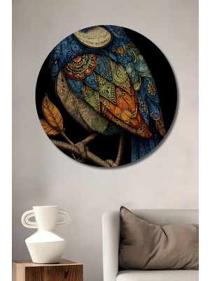 Teona Ahşap Gızemlı Kuş Süslemeli Ahşap Dekoratif Tablo Yuvarlak Duvar Tablosu