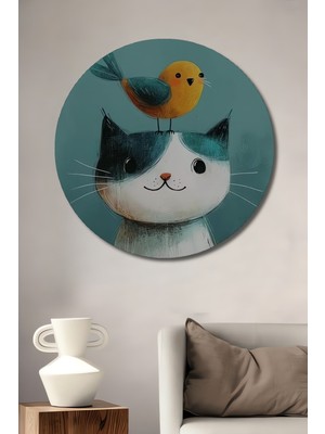 Teona Ahşap Sevimli Kedi Kuş Dostluğu Sulu Boya Görünümlü Dekoratif Ahşap Tablo Yuvarlak Duvar Tablosu