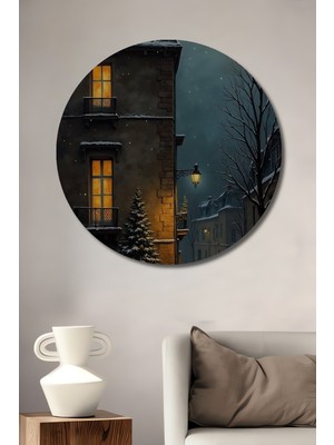 Teona Ahşap Baskı Ahşap Tablo Kış Noel Baba Yağlı Boya Görünümlü Yuvarlak Duvar Tablosu