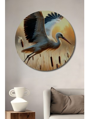 Teona Ahşap Muhteşem Leylek Kanatları Yağlı Boya Görünümlü Dekoratif Ahşap Tablo Yuvarlak Duvar Tablosu