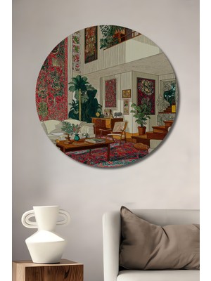 Teona Ahşap Bohem Salon Kilim Deseni Görünümlü Ahşap Dekoratif Tablo Yuvarlak Duvar Tablosu