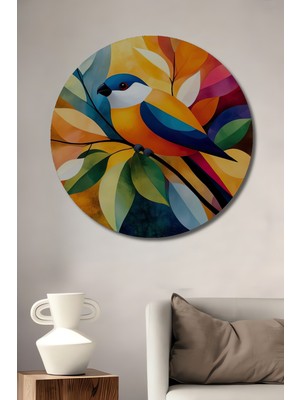 Teona Ahşap Renkli Kuş Ağaç Dalı Yağlı Boya Görünümlü Dekoratif Ahşap Tablo Yuvarlak Duvar Tablosu