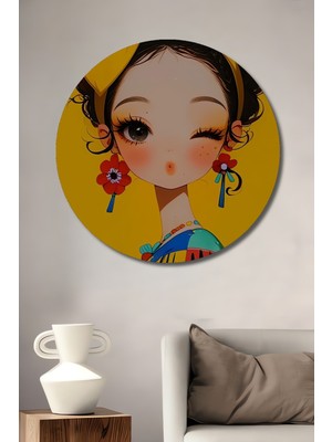 Teona Ahşap Büyüleyici Kızım Sulu Boya Görünümlü Dekoratif Ahşap Tablo Yuvarlak Duvar Tablosu