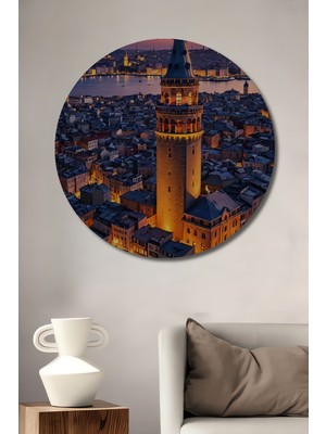 Teona Ahşap Galata Kulesi Silüeti Yağlı Boya Görünümlü Dekoratif Ahşap Tablo Yuvarlak Duvar Tablosu