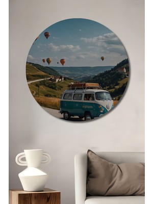 Teona Ahşap Vintage Vosvos Sıcak Hava Balonu Yolculuğu Yağlı Boya Görünümlü Ahşap Dekoratif Tablo Yuvarlak Duvar Tablosu