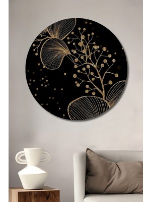 Teona Ahşap Altın Yaprak Çizimli Parlak Soyut Sanat Ahşap Dekoratif Tablo Yuvarlak Duvar Tablosu