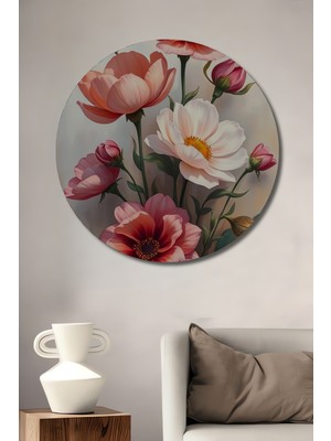 Teona Ahşap Büyüleyici Şakayık Buketi Yağlı Boya Görünümlü Ahşap Dekoratif Tablo Yuvarlak Duvar Tablosu